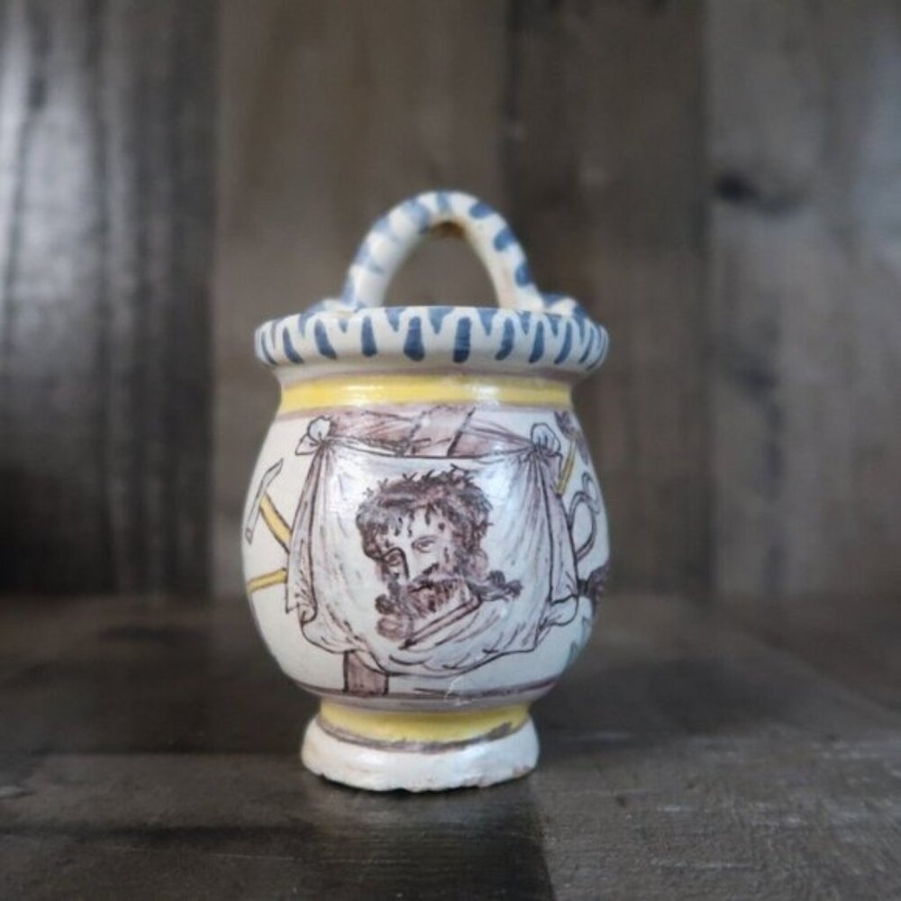 Holy Water Vintage Ceramic Handled Pot with Jesus on Front Religious Hanging